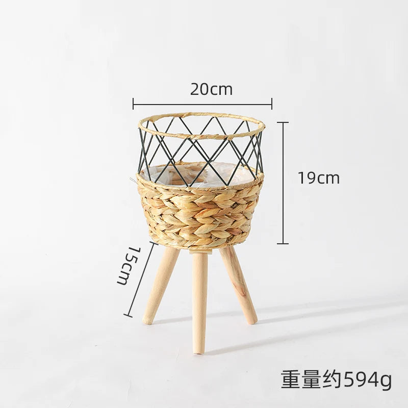 panier fleurs tissé rotin pieds bois moderne rustique plante verte intérieur extérieur salon jardin