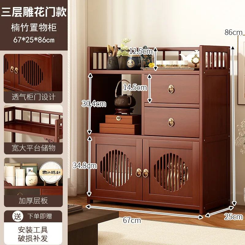 meuble rangement marron foncé tiroirs étagères classique traditionnel texture bois naturel multifonctionnel salon cuisine