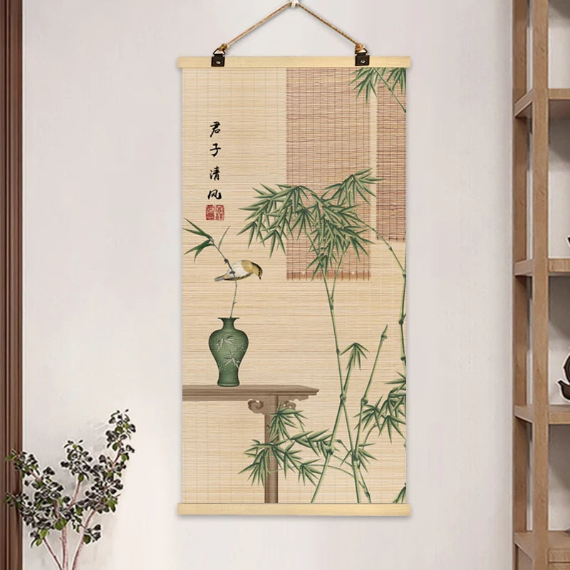 rideau rouleau bambou art traditionnel oriental fleurs oiseaux motifs crochets métalliques opaques entrée maison