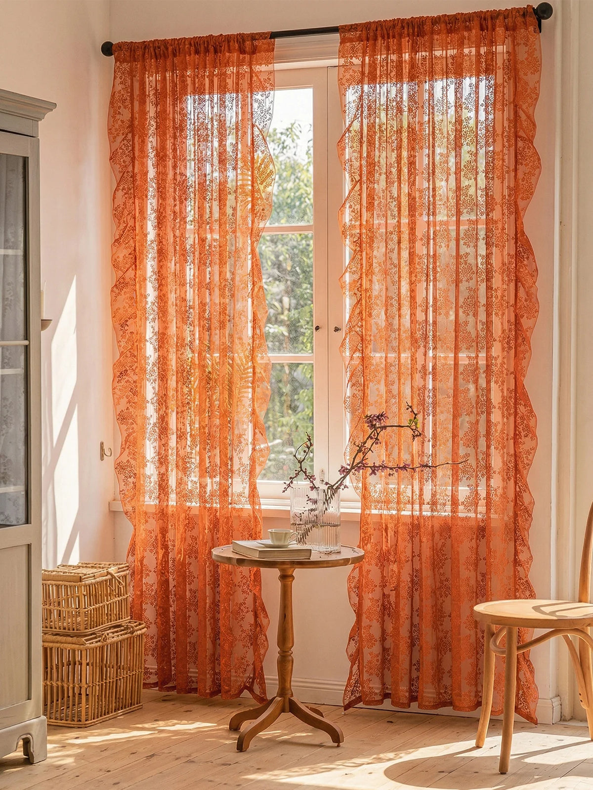 rideau fleuri orange transparent classique décoration intérieure maison hospitalière polyester
