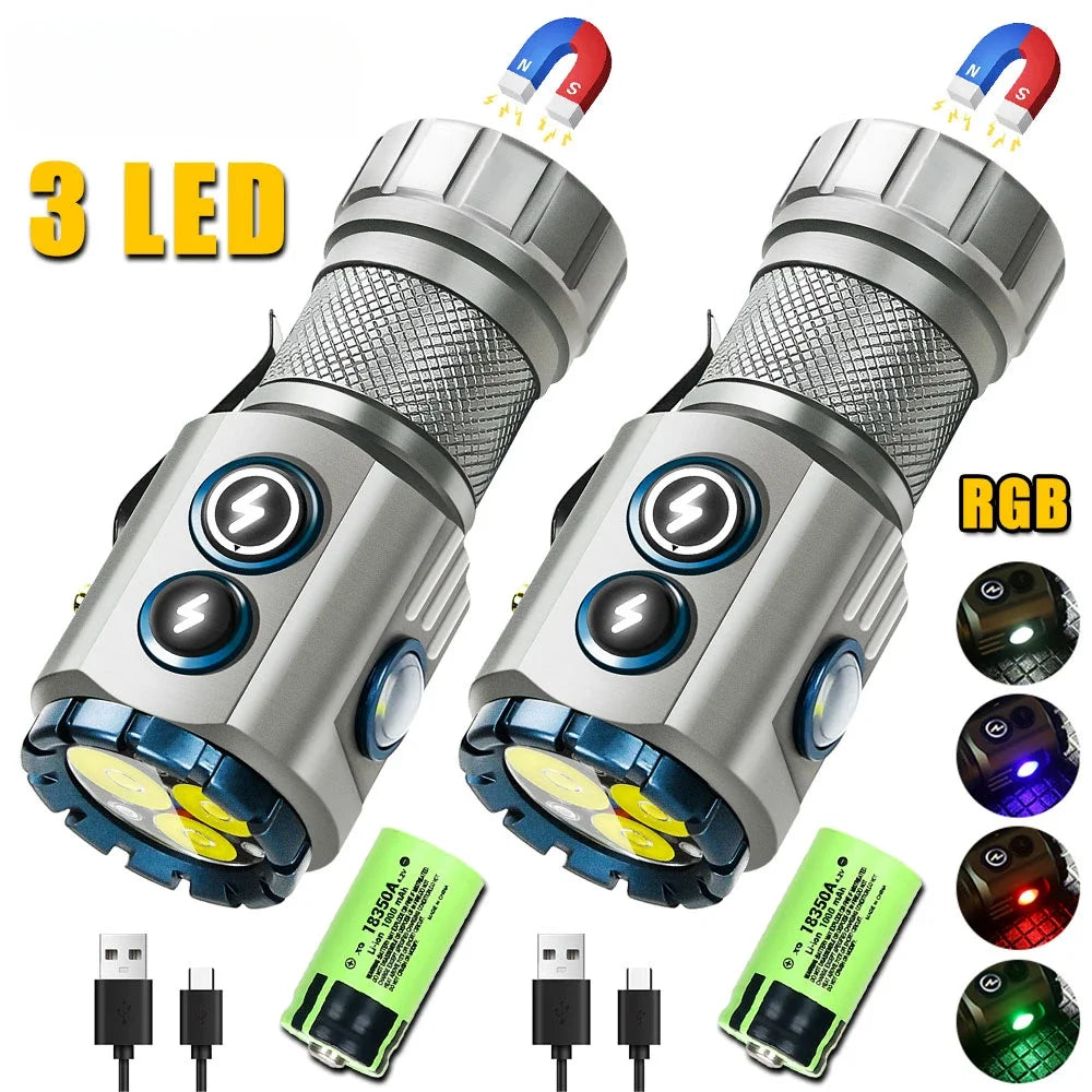 lampe torche rechargeable led rgb argenté noir jaune texturée moderne aimant mode lumière variable