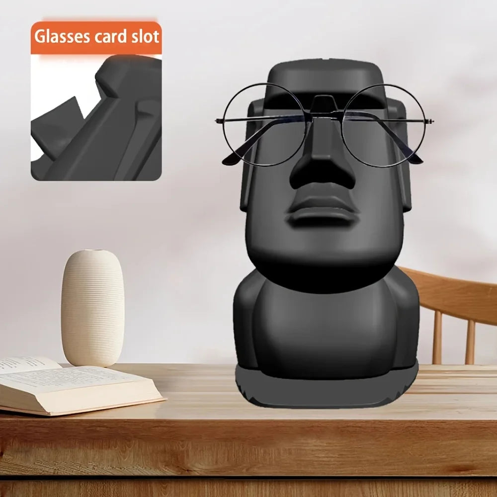 support téléphone sculpture moai noir lunettes rondes vase blanc éléments decoratif original minimaliste