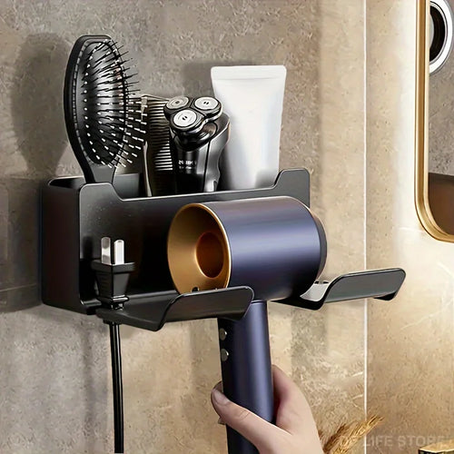 rangement mural adhésif moderne étui séchoir cheveux brosse rasoir crème prise