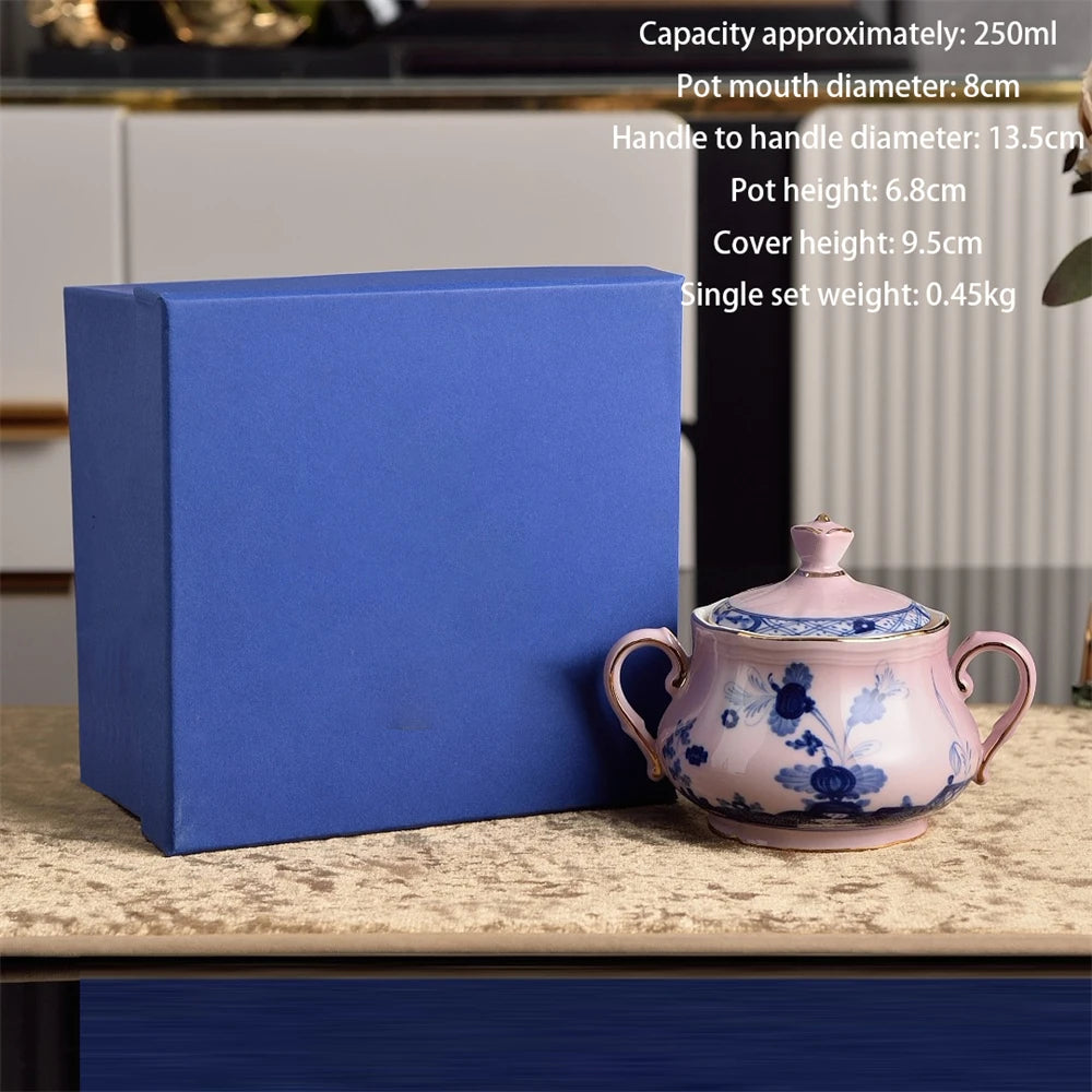 service thé vaisselle céramique rose vert jaune fleurs bleues classique soucoupe assiette pot sucre
