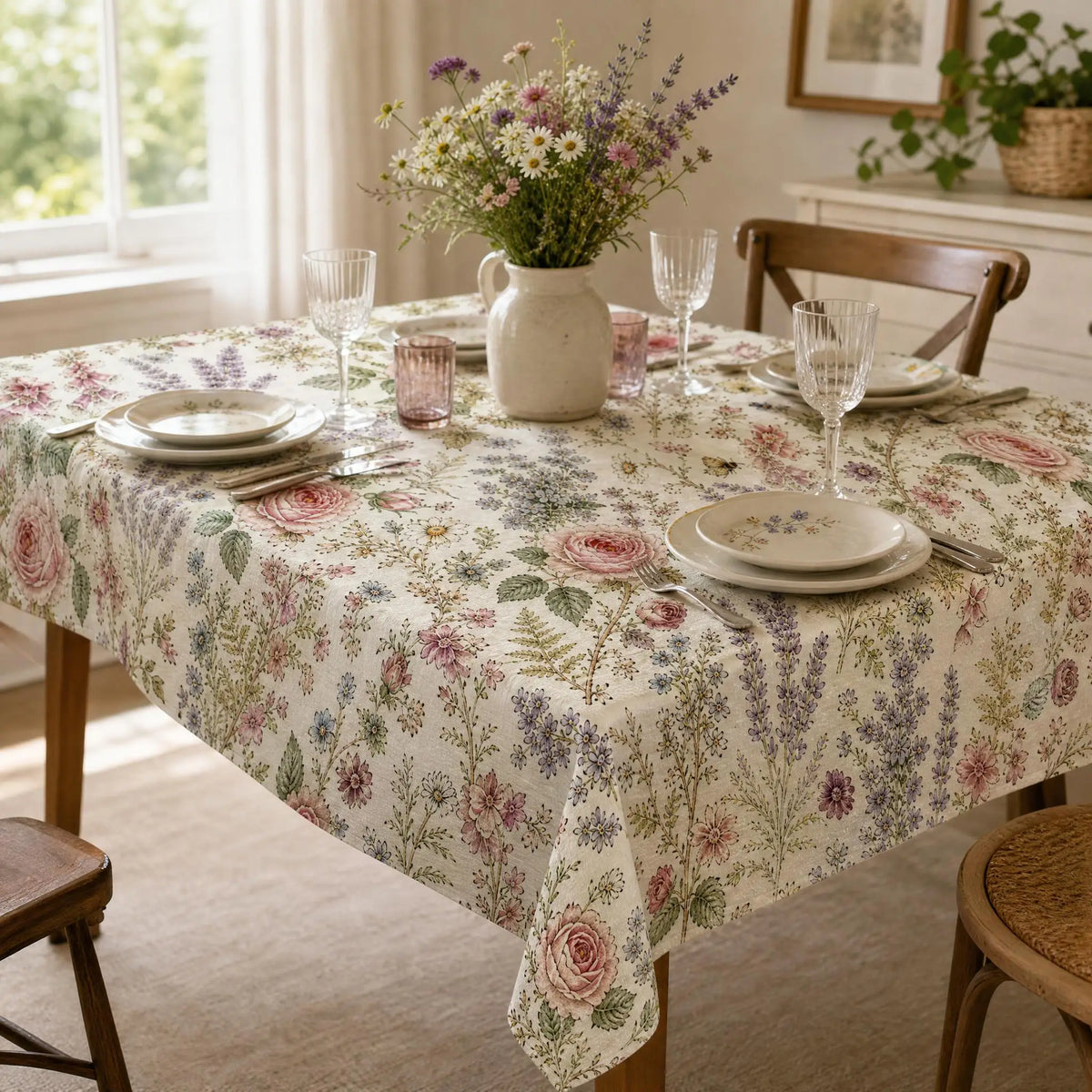 nappe table motifs floraux papillons blanc cassé rose violet verte festive champêtre romantique vintage