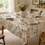 nappe table motifs floraux papillons blanc cassé rose violet verte festive champêtre romantique vintage