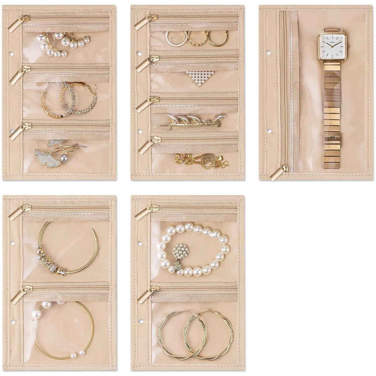 porte bijoux moderne simili cuir zips transparents beige clair boucles d'oreilles colliers bracelets montres