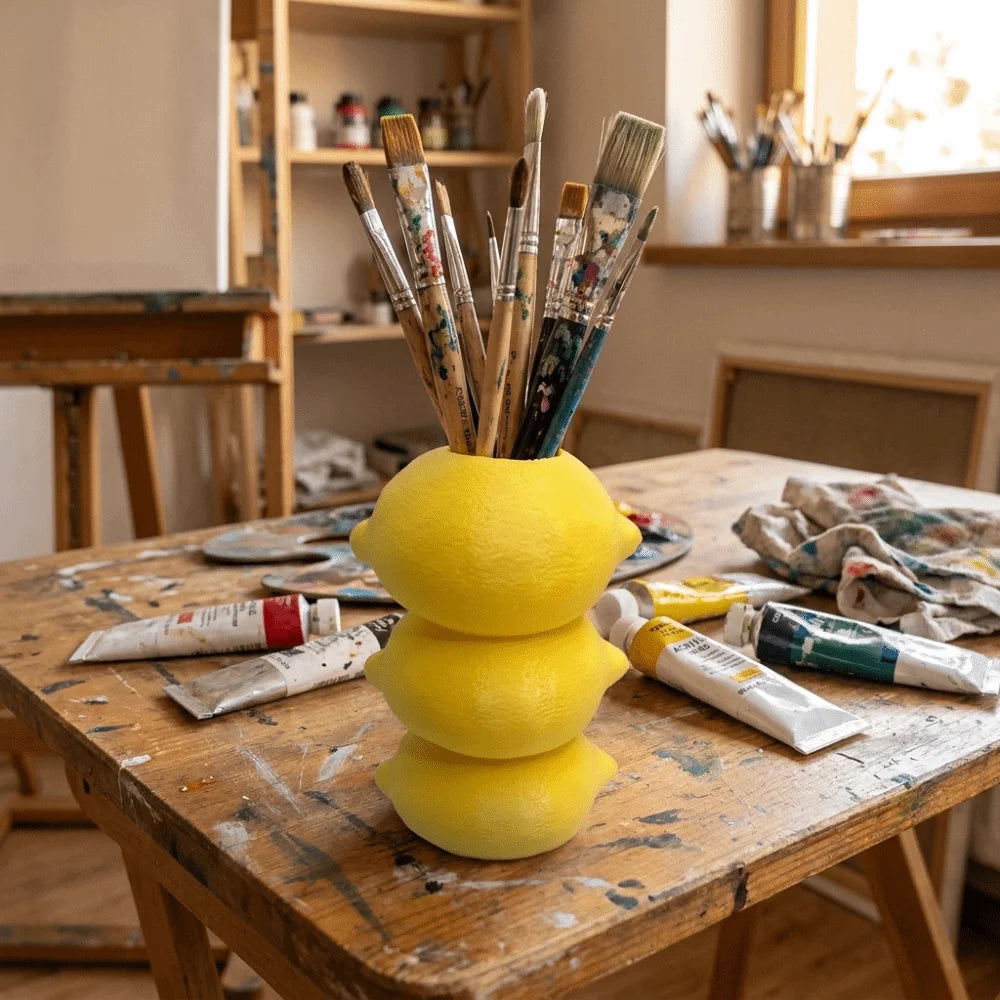 vase citron jaune texturé deco originale ludique plante verte bouquet fleursstylos crayons