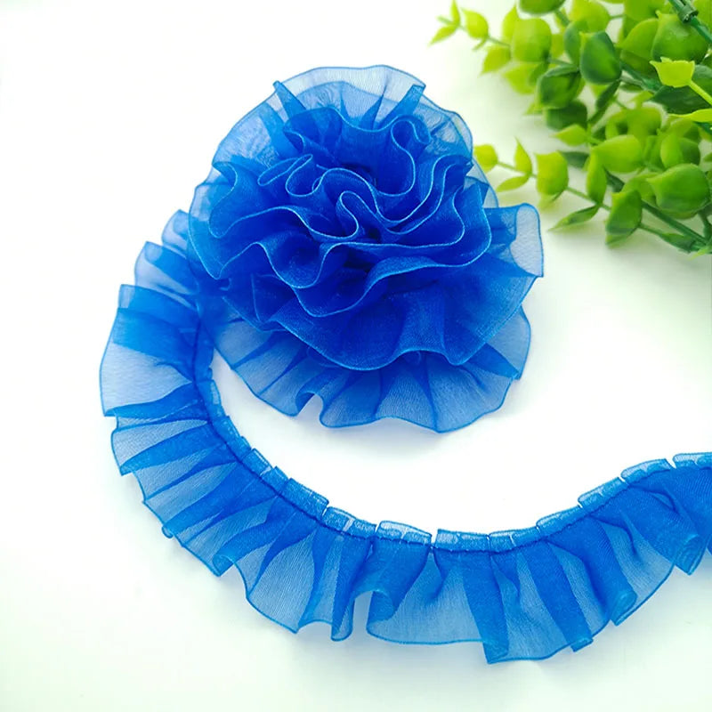 ruban plissé polyester nylon largeur 25mm dentelle organza écologique élastique soluble eau bleu rose