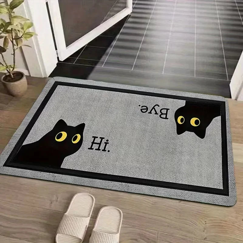 tapis moderne antidérapant résistant l'eau entrée sol intérieur extérieur chats fleurs gris noir blanc