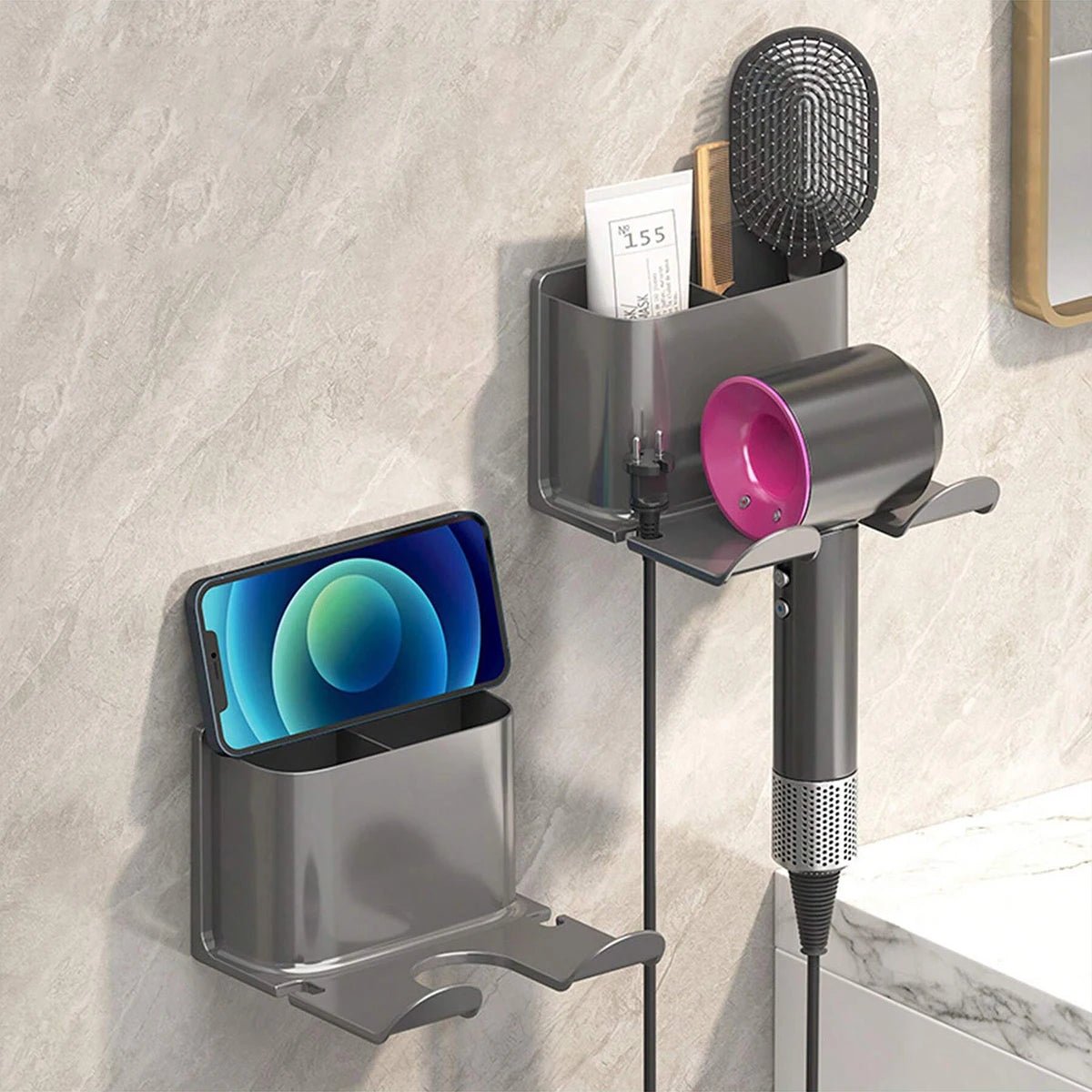 porte sèche cheveux adhésif moderne gris métallisé salle bain rangement brosse gobelet téléphone