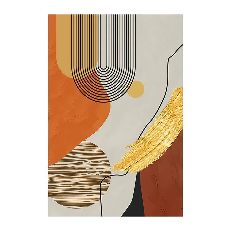 peinture abstraite contemporaine toile géométrique lignes ondulées coups pinceau dorés orange beige noir gris