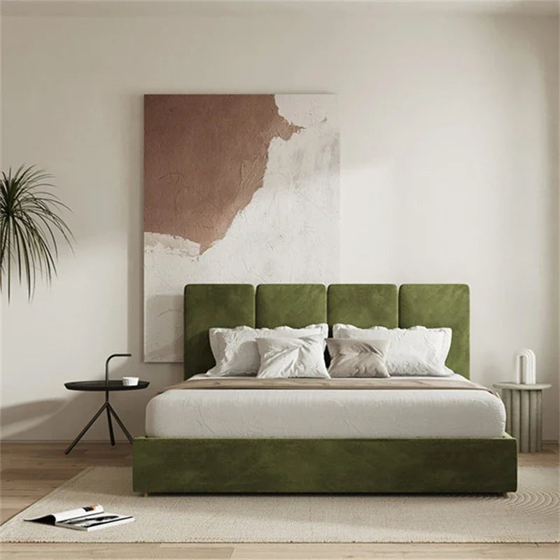 lit moderne bois vert olive velours 150cm 180cm oreillers draps