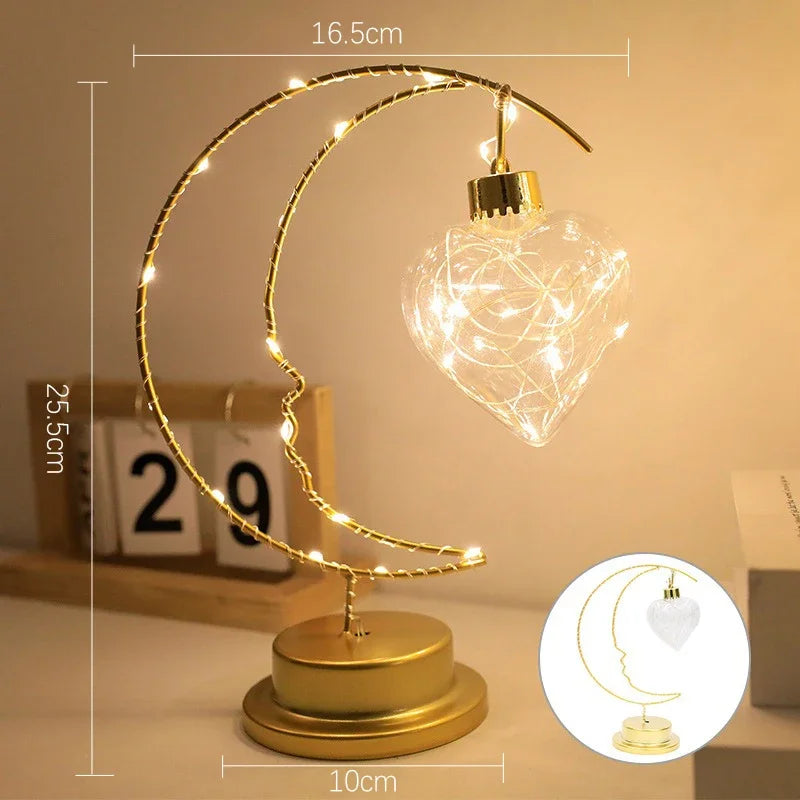 lampe table or lune cœur étoile transparentes LED bohème chambre