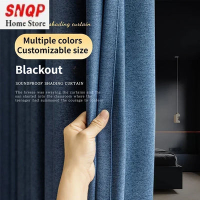 Rideau occultant bleu double face en coton et lin pour salon