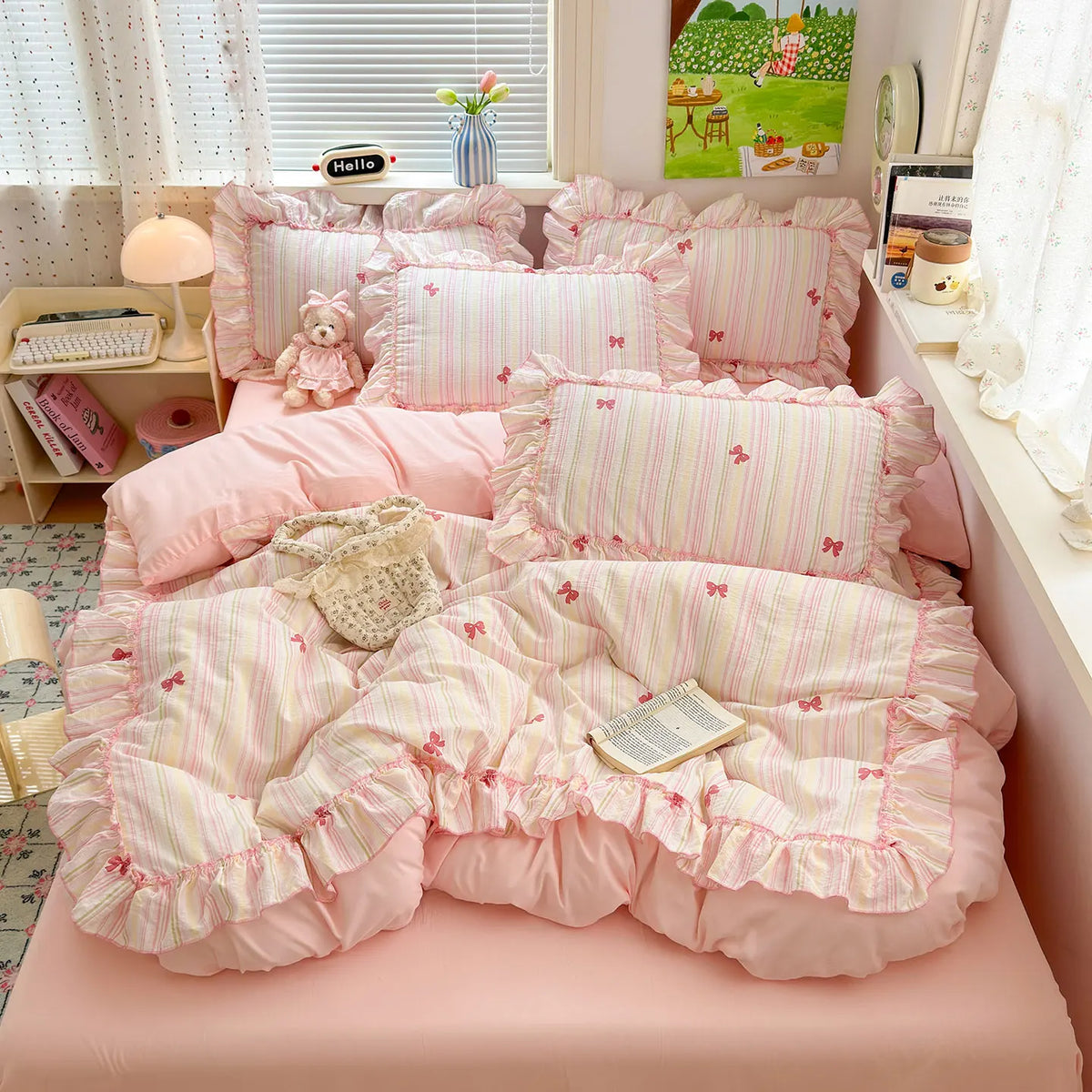 ensemble literie rose clair papillons brodés pièces housse taies d'oreiller doux romantique