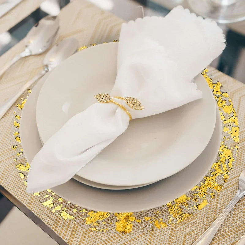 serviettes table blanches dorées feuille d'or texture élégantes classiques 33cm