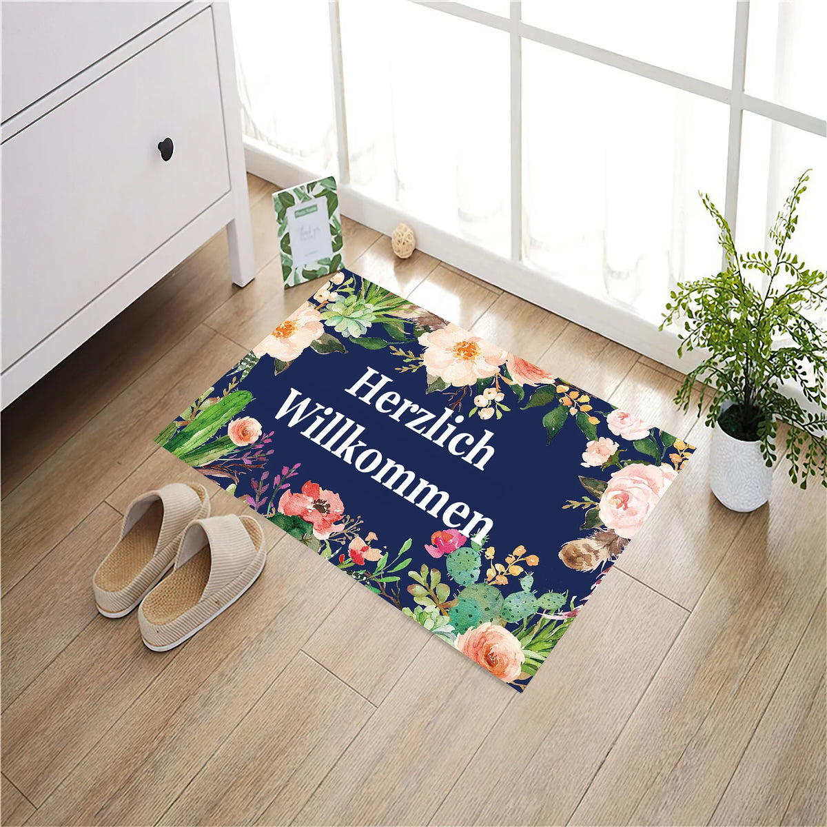 tapis bienvenue fleurs cactus vert bleu marine moderne antidérapant extérieur intérieur porche