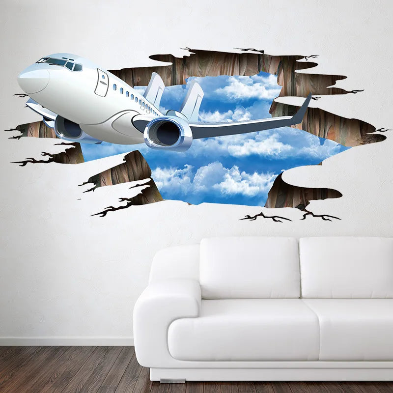 sticker mural 3d avion ciel nuages texture bois blanc bleu gris brun réaliste adhésif