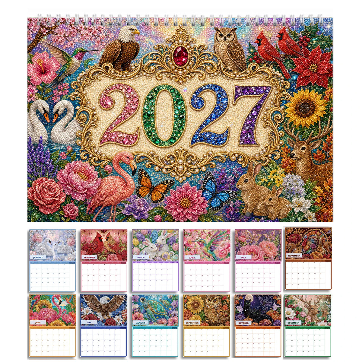 calendrier mural diy peinture diamants ornements personnages fleurs animaux rose vert bleu blanc opaques