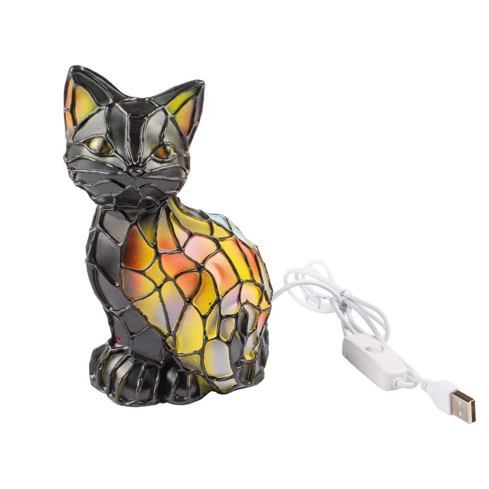lampe résine forme chat led couleur multicolore art deco tiffany chambre coucher usb alimentation