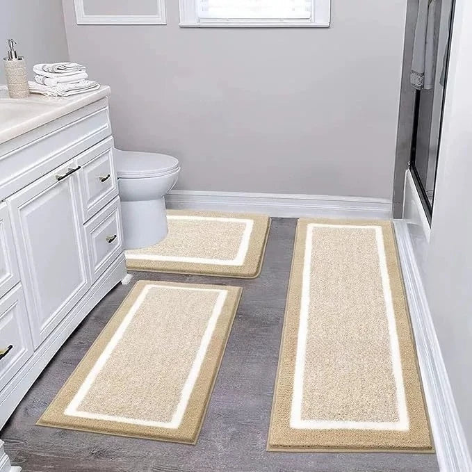 tapis sol microfibre moderne gris blanc bordure blanche antidérapant salle bain