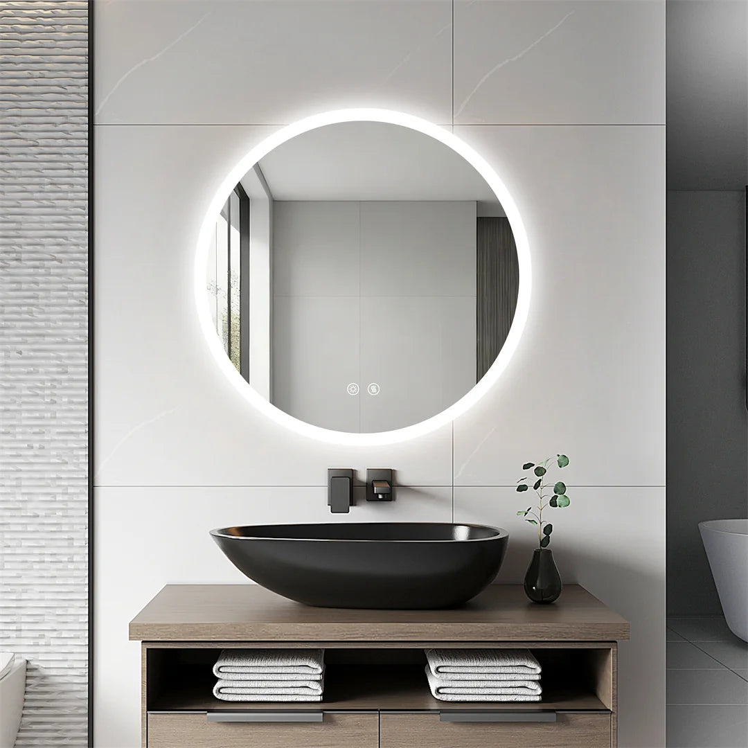 miroir rond lumineux moderne blanc fixation murale sans cadre éclairé antibuée