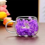 tasse verre double paroi fleurs séchées transparente poignée cuillère dorée moderne