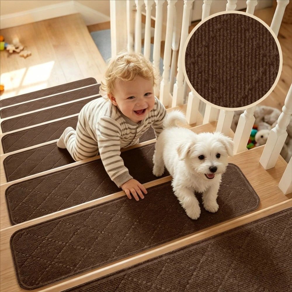 tapis marche antidérapant polyester feutre quilted marron moderne 20x76cm adhésifextérieur escalier lavable mécaniquement