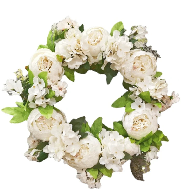 couronne florale vintage rose blanche feuilles vertes fleurs artificielles intérieur mariage table porte