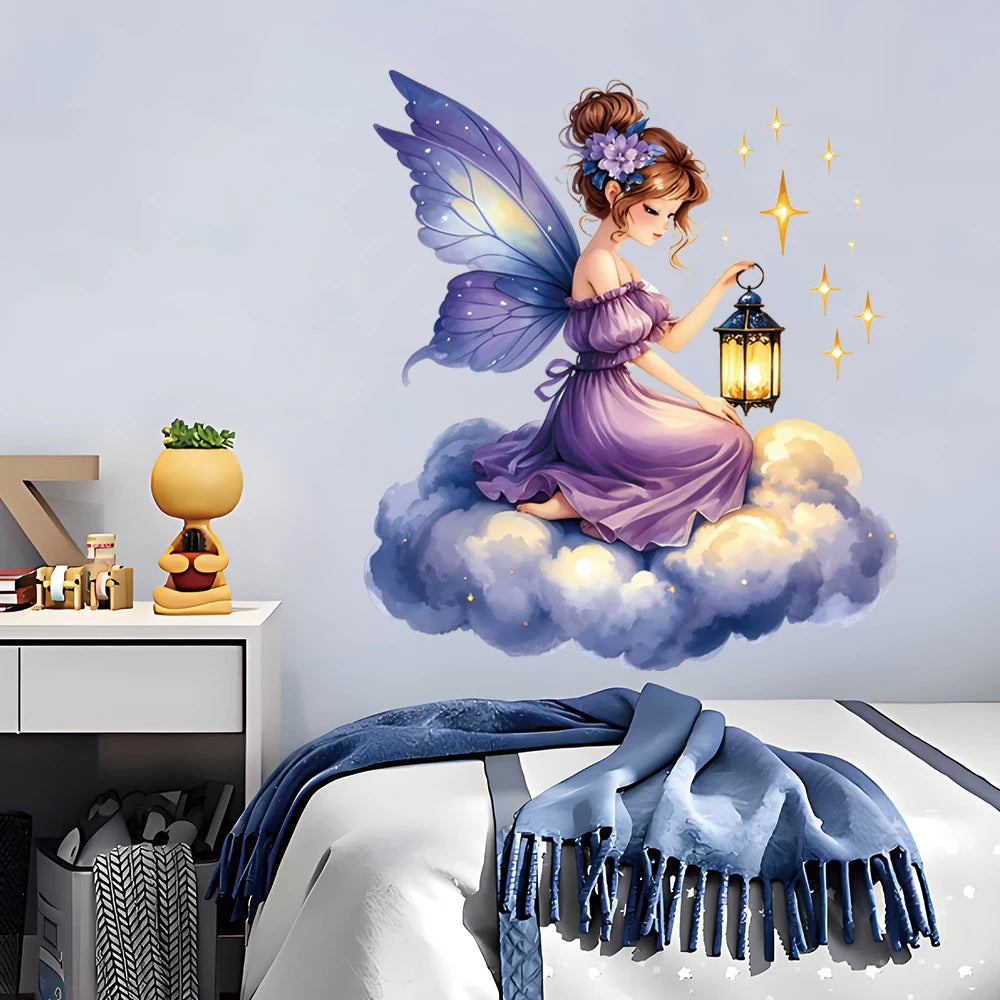 autocollant mural fée dessin animé violet blanc doré décoration maison chambre enfant ailes lanternes