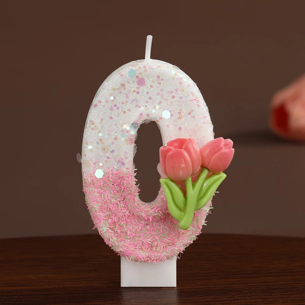 bougies forme chiffres blanc rose vert paillettes fleurs roses feuilles vertes festive tringle boîte