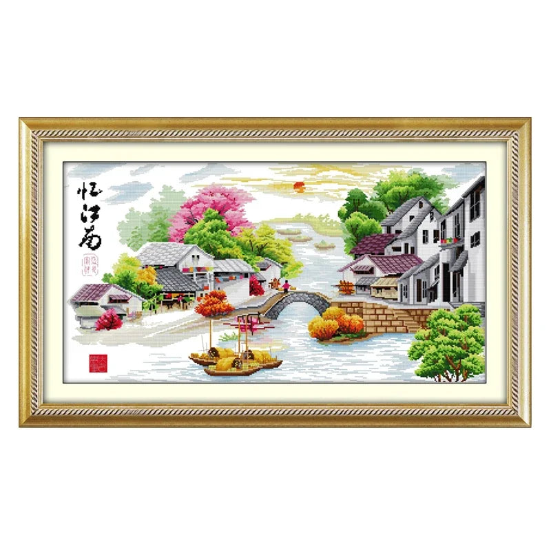 kit broderie coton multicolore paysage urbain motifs traditionnels aiguilles rubans toile imprimée farmhouse