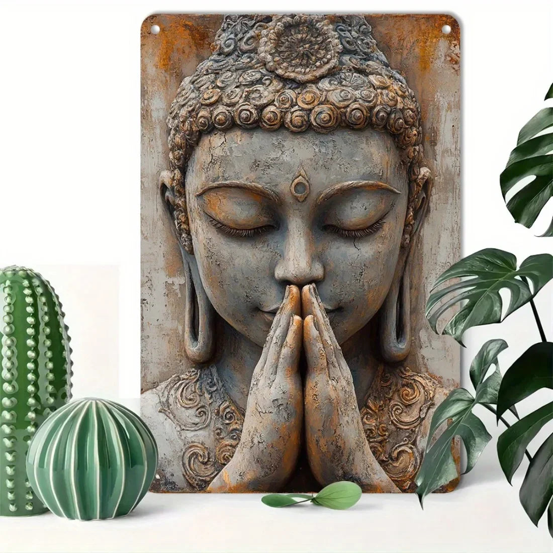 statue bouddha aluminium relief sculpté gris brun beige décoration murale intérieur extérieur (Seulement 14