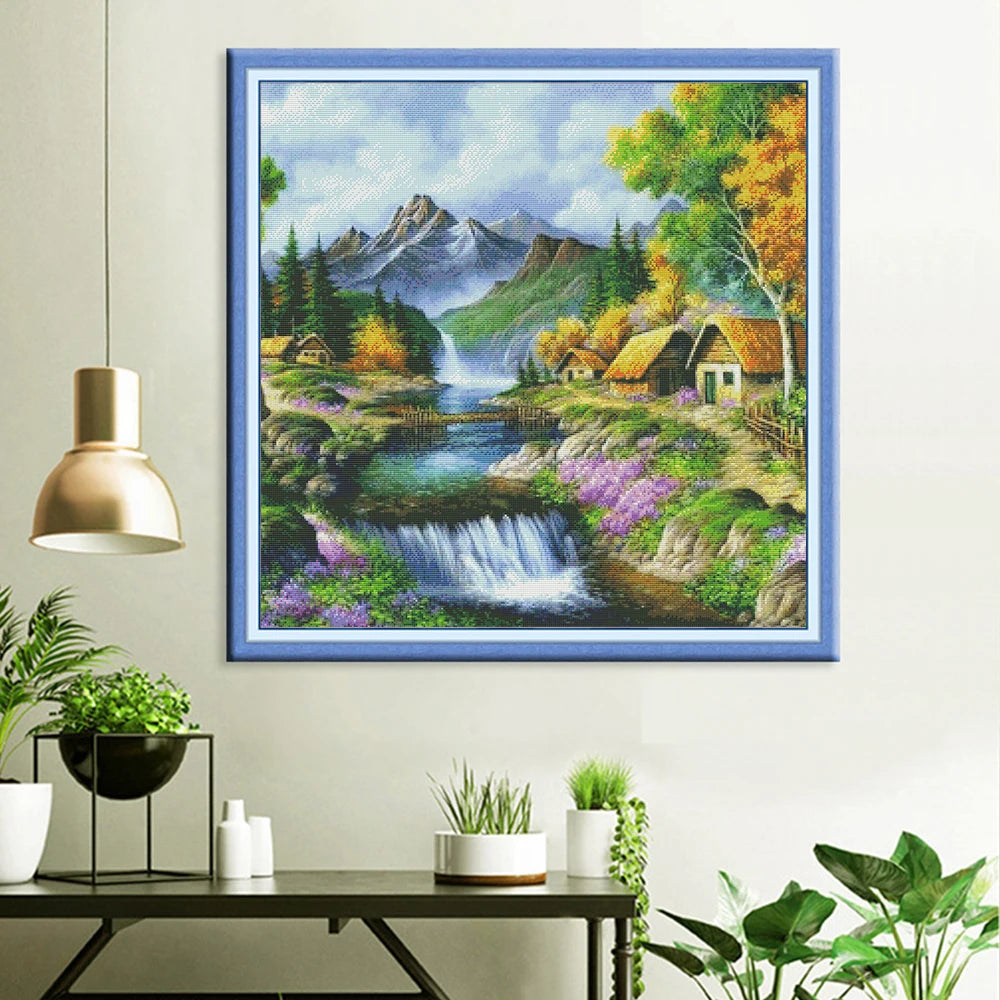 broderie paysage montagne coton multicolore cadre aiguille fil plan 30x30 40x40 50x50