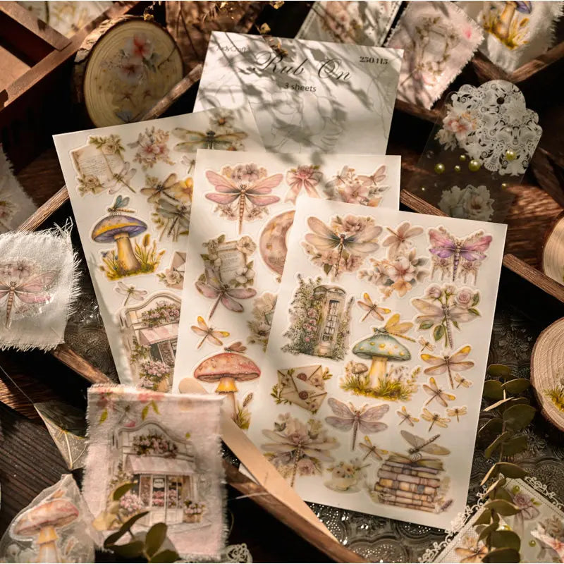 autocollants fleurs libellules champignons papillons romantiques vintage scrapbooking diy junk journal album loisirs créatifs