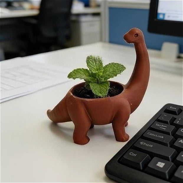 pot plantes forme dinosaure brachiosaure brun terracotta surface lisse aspect mat décoratif ludique menthe