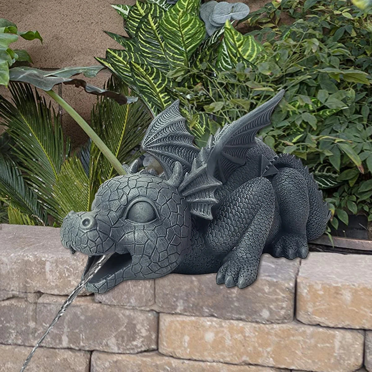 statue dragon fontaine résine écailles gris fantaisie extérieur décoration maison ailes