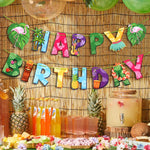guirlande happy birthday tropicale flamants ananas feuilles palmier hibiscus ukulélé tiki vert rose orangé