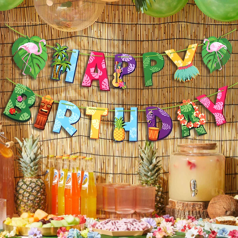guirlande happy birthday tropicale flamants ananas feuilles palmier hibiscus ukulélé tiki vert rose orangé