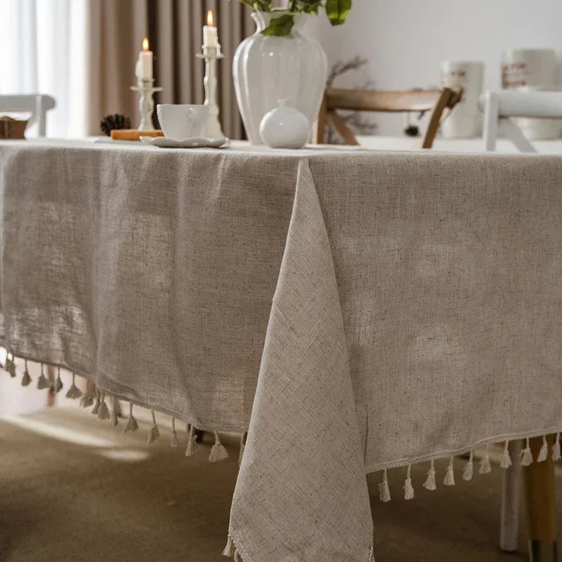 nappe rectangulaire beige franges décoration table maison mariage rustic bohème tissu coton lin
