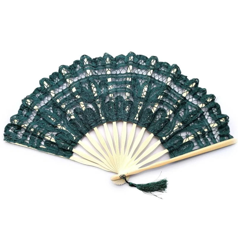 éventail pliant dentelle bambou portable brodé pompon décoration intérieure classique noir rose vert rouge