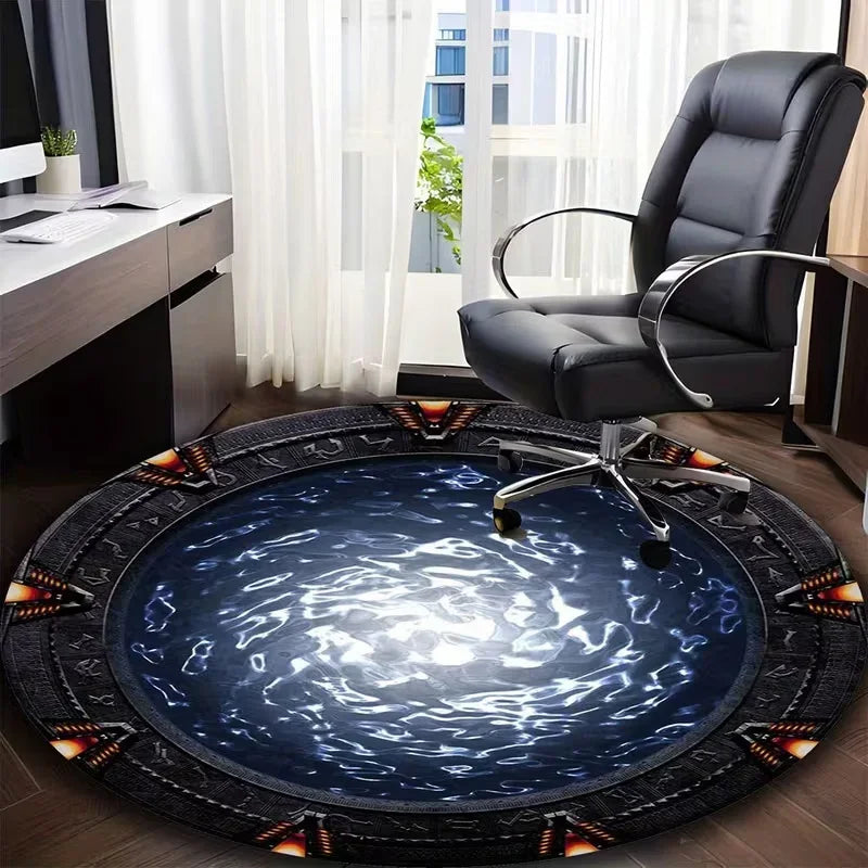 tapis rond moderne antidérapant polyester bleu gris noir texture métal motifs géométriques salon chambre