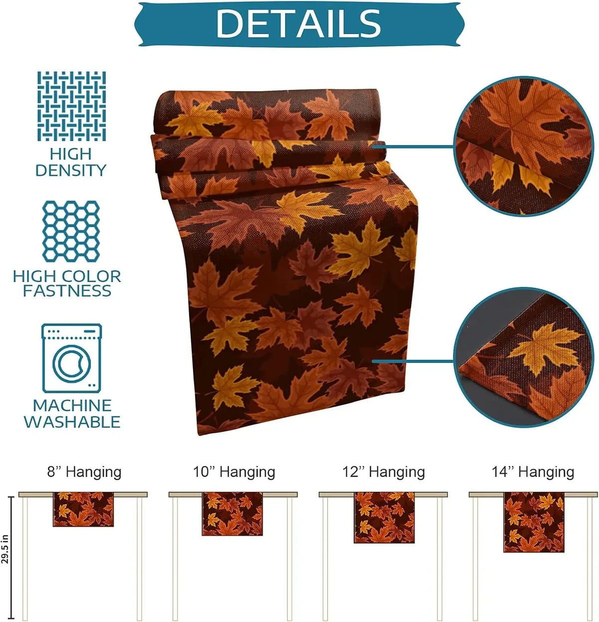 Une tenture murale automnale aux couleurs chaudes et vibrantes, représentant des feuilles d'érable dans une variété de teintes orange, brune et jaune, sur un fond foncé. La tenture est disponible en différentes tailles pour s'adapter à vos besoins de décoration.