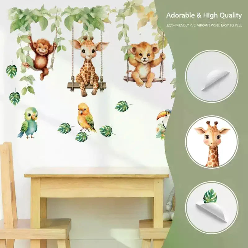 sticker mural animal jungle singe girafe lion balançoire feuilles multicolore chambre enfant