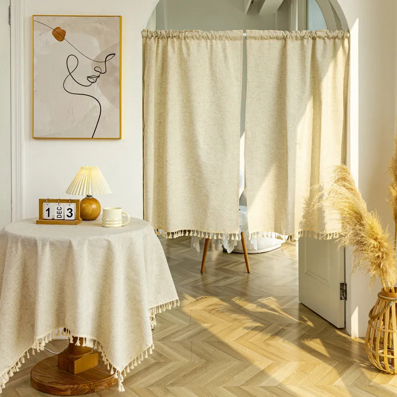 rideau cuisine polyester opaque moderne rustique tassel beige clair texture lin franges intégré fenêtre