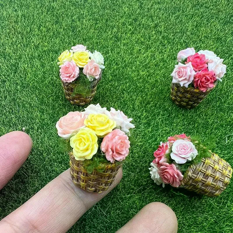 miniature pot fleurs artificielles panier osier marron clair vert rose jaune rustic artisanal