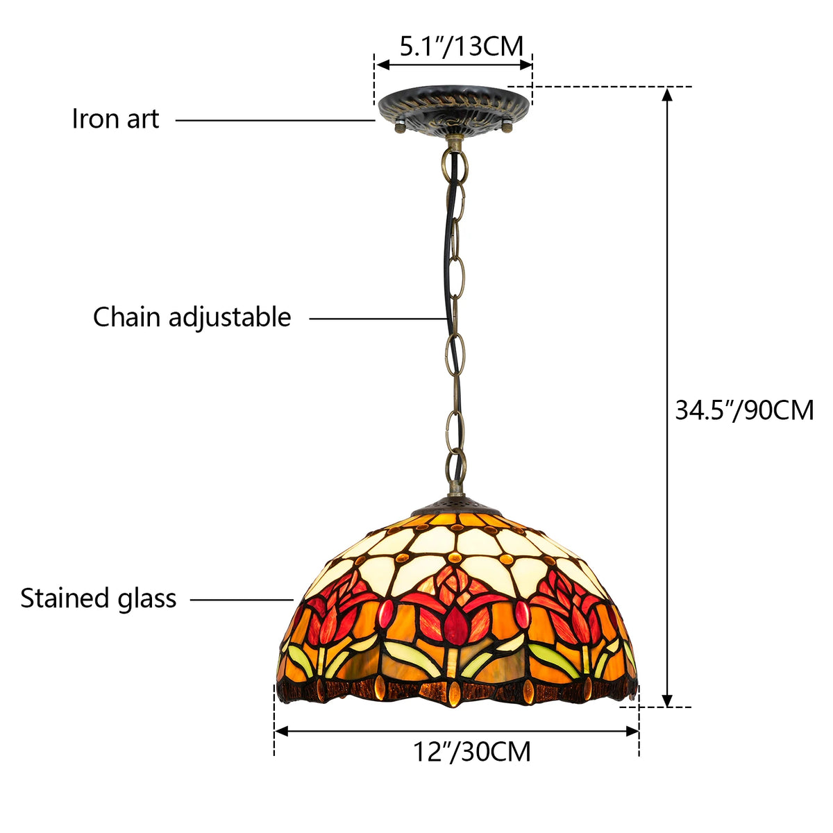lampe suspendue tiffany fleurs stylisées multicolore rouge orange jaune vert noir adjustable chambre cuisine