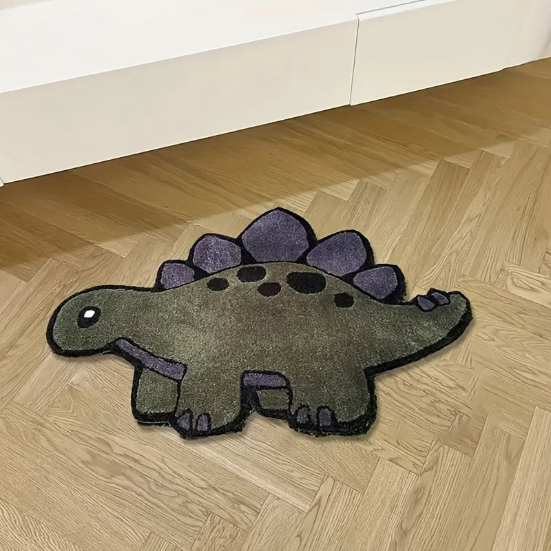 tapis vert foncé violet motif dinosaure écailles salle bain intérieur maison décoration enfantin