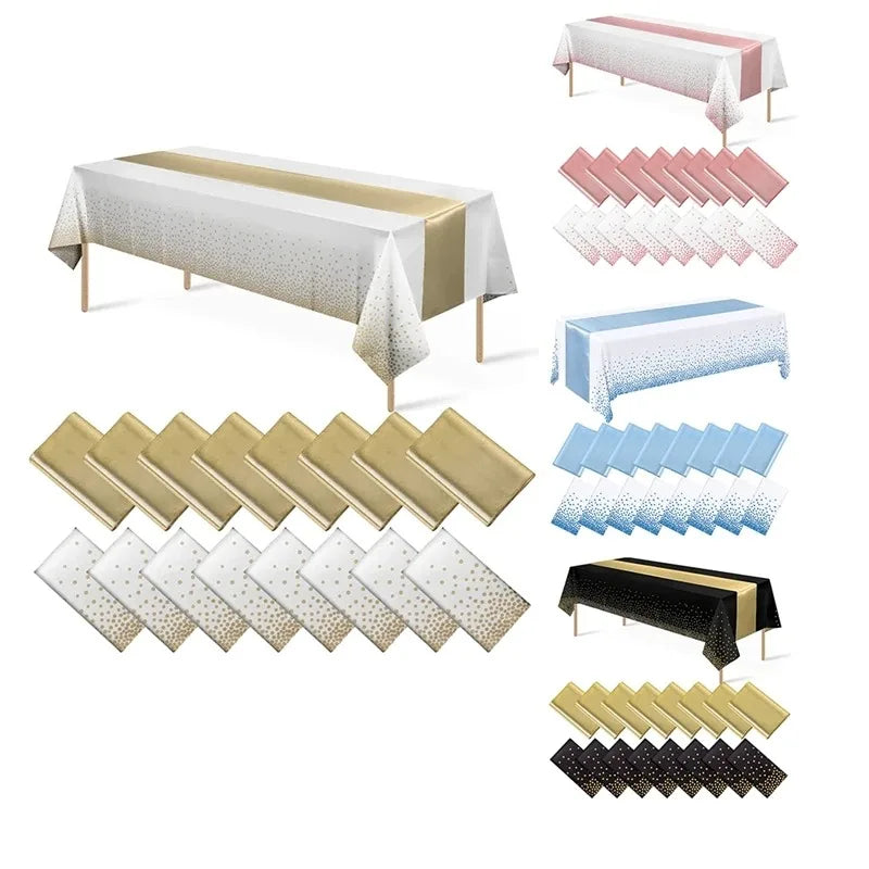 nappes jetables satinées chemins table motifs étoiles dorées roses festifs blanc or rose bleu